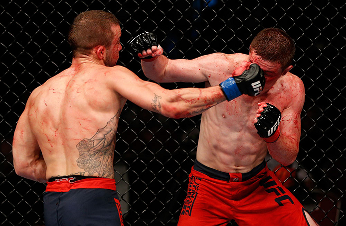 GOLD COAST, AUSTRALIA - DECEMBER 15:  (L-R) Mike Wilkinson punches Brendan Loughnane during their lightweight fight at the UFC on FX event on December 15, 2012  at Gold Coast Convention and Exhibition Centre in Gold Coast, Australia.  (Photo by Josh Hedge