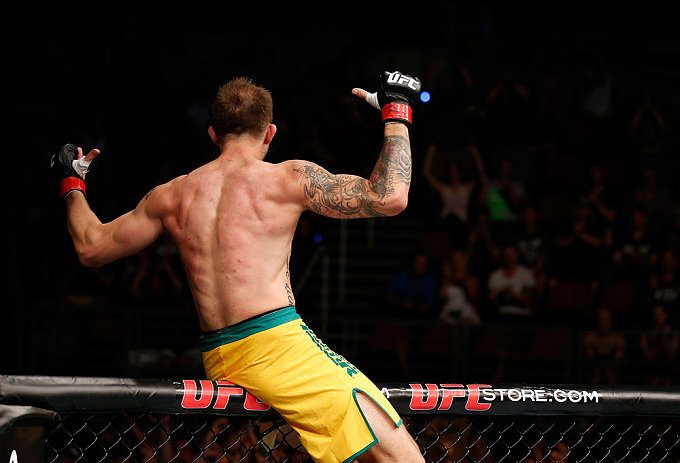 GOLD COAST, AUSTRALIA - DECEMBER 15:  Benny Alloway reacts after knocking out Manuel Rodriguez during their welterweight fight at the UFC on FX event on December 15, 2012  at Gold Coast Convention and Exhibition Centre in Gold Coast, Australia.  (Photo by