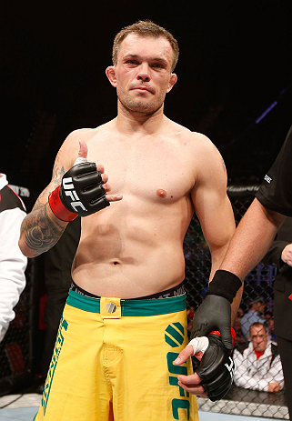 GOLD COAST, AUSTRALIA - DECEMBER 15:  Benny Alloway reacts after knocking out Manuel Rodriguez during their welterweight fight at the UFC on FX event on December 15, 2012  at Gold Coast Convention and Exhibition Centre in Gold Coast, Australia.  (Photo by