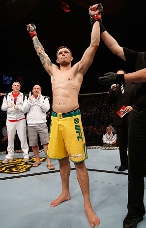 GOLD COAST, AUSTRALIA - DECEMBER 15:  Benny Alloway reacts after knocking out Manuel Rodriguez during their welterweight fight at the UFC on FX event on December 15, 2012  at Gold Coast Convention and Exhibition Centre in Gold Coast, Australia.  (Photo by