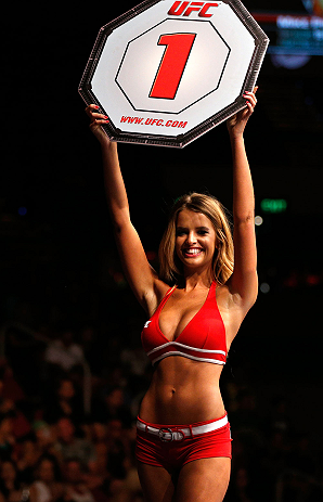 GOLD COAST, AUSTRALIA - DECEMBER 15:  UFC Octagon Girl Kahili Blundell introduces a round during the UFC on FX event on December 15, 2012  at Gold Coast Convention and Exhibition Centre in Gold Coast, Australia.  (Photo by Josh Hedges/Zuffa LLC/Zuffa LLC 
