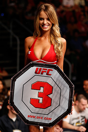 GOLD COAST, AUSTRALIA - DECEMBER 15:  UFC Octagon Girl Kahili Blundell introduces a round during the UFC on FX event on December 15, 2012  at Gold Coast Convention and Exhibition Centre in Gold Coast, Australia.  (Photo by Josh Hedges/Zuffa LLC/Zuffa LLC 