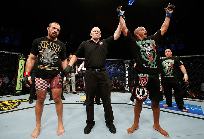GOLD COAST, AUSTRALIA - DECEMBER 15:  Joey Beltran (R) reacts after defeating Igor Pokrajac during their light heavyweight fight at the UFC on FX event on December 15, 2012  at Gold Coast Convention and Exhibition Centre in Gold Coast, Australia.  (Photo 