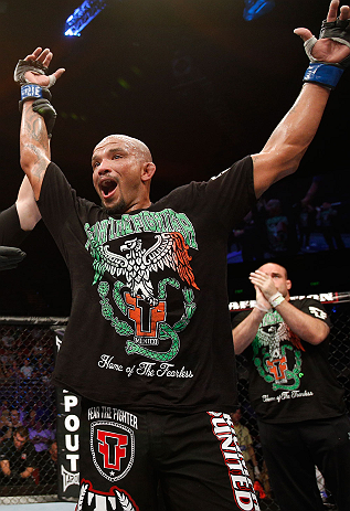 GOLD COAST, AUSTRALIA - DECEMBER 15:  Joey Beltran reacts after defeating Igor Pokrajac during their light heavyweight fight at the UFC on FX event on December 15, 2012  at Gold Coast Convention and Exhibition Centre in Gold Coast, Australia.  (Photo by J
