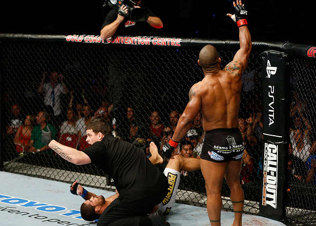 GOLD COAST, AUSTRALIA - DECEMBER 15:  Hector Lombard reacts after knocking out Rousimar Palhares during their middleweight fight at the UFC on FX event on December 15, 2012  at Gold Coast Convention and Exhibition Centre in Gold Coast, Australia.  (Photo 