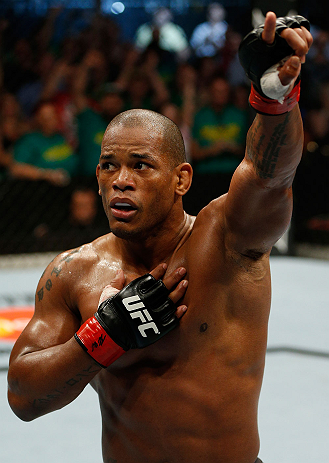 GOLD COAST, AUSTRALIA - DECEMBER 15:  Hector Lombard reacts after knocking out Rousimar Palhares during their middleweight fight at the UFC on FX event on December 15, 2012  at Gold Coast Convention and Exhibition Centre in Gold Coast, Australia.  (Photo 