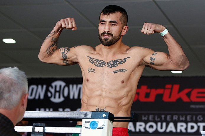 OKLAHOMA CITY, OK - JANUARY 11:  Estevan Payan weighs in during the Strikeforce weigh-in event on January 11, 2013 at Chesapeake Energy Arena in Oklahoma City, Oklahoma. (Photo by Esther Lin/Forza LLC/Forza LLC via Getty Images)