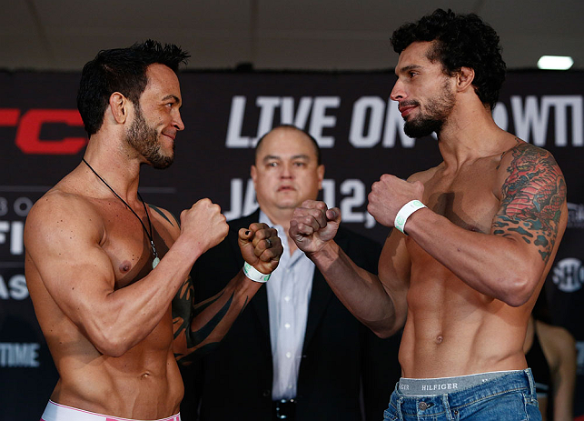 OKLAHOMA CITY, OK - JANUARY 11: (L-R) Opponents Jorge Gurgel and Adriano Martins face off during the Strikeforce weigh-in event on January 11, 2013 at Chesapeake Energy Arena in Oklahoma City, Oklahoma. (Photo by Esther Lin/Forza LLC/Forza LLC via Getty