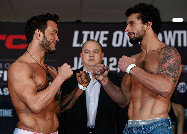 OKLAHOMA CITY, OK - JANUARY 11:  (L-R) Opponents Jorge Gurgel and Adriano Martins face off during the Strikeforce weigh-in event on January 11, 2013 at Chesapeake Energy Arena in Oklahoma City, Oklahoma. (Photo by Esther Lin/Forza LLC/Forza LLC via Getty 