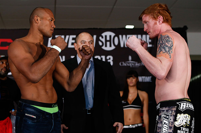 OKLAHOMA CITY, OK - JANUARY 11: (L-R) Opponents Ronaldo "Jacare" Souza and Ed Herman face off during the Strikeforce weigh-in event on January 11, 2013 at Chesapeake Energy Arena in Oklahoma City, Oklahoma. (Photo by Esther Lin/Forza LLC/Forza LLC via Ge