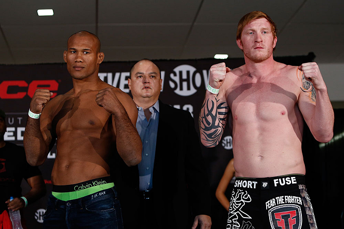 OKLAHOMA CITY, OK - JANUARY 11: (L-R) Opponents Ronaldo "Jacare" Souza and Ed Herman pose for photos during the Strikeforce weigh-in event on January 11, 2013 at Chesapeake Energy Arena in Oklahoma City, Oklahoma. (Photo by Esther Lin/Forza LLC/Forza LLC