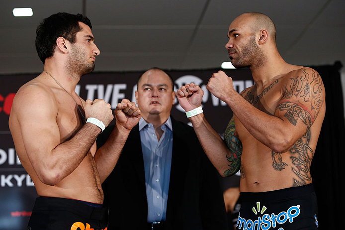OKLAHOMA CITY, OK - JANUARY 11: (L-R) Opponents Gegard Mousasi and Mike Kyle face off during the Strikeforce weigh-in event on January 11, 2013 at Chesapeake Energy Arena in Oklahoma City, Oklahoma. (Photo by Esther Lin/Forza LLC/Forza LLC via Getty Imag