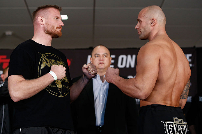 OKLAHOMA CITY, OK - JANUARY 11: (L-R) Opponents Josh Barnett and Nandor Guelmino face off during the Strikeforce weigh-in event on January 11, 2013 at Chesapeake Energy Arena in Oklahoma City, Oklahoma. (Photo by Esther Lin/Forza LLC/Forza LLC via Getty