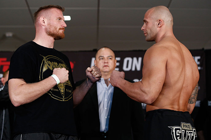 OKLAHOMA CITY, OK - JANUARY 11:  (L-R) Opponents Josh Barnett and Nandor Guelmino face off during the Strikeforce weigh-in event on January 11, 2013 at Chesapeake Energy Arena in Oklahoma City, Oklahoma. (Photo by Esther Lin/Forza LLC/Forza LLC via Getty 