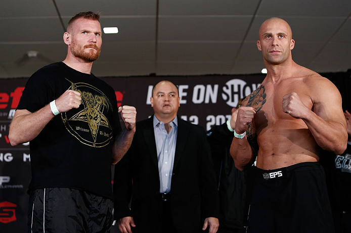 OKLAHOMA CITY, OK - JANUARY 11: (L-R) Opponents Josh Barnett and Nandor Guelmino pose for photos during the Strikeforce weigh-in event on January 11, 2013 at Chesapeake Energy Arena in Oklahoma City, Oklahoma. (Photo by Esther Lin/Forza LLC/Forza LLC via