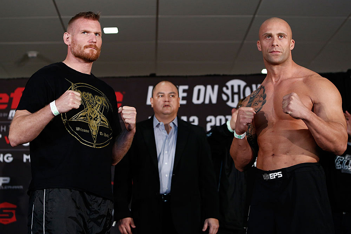 OKLAHOMA CITY, OK - JANUARY 11:  (L-R) Opponents Josh Barnett and Nandor Guelmino pose for photos during the Strikeforce weigh-in event on January 11, 2013 at Chesapeake Energy Arena in Oklahoma City, Oklahoma. (Photo by Esther Lin/Forza LLC/Forza LLC via