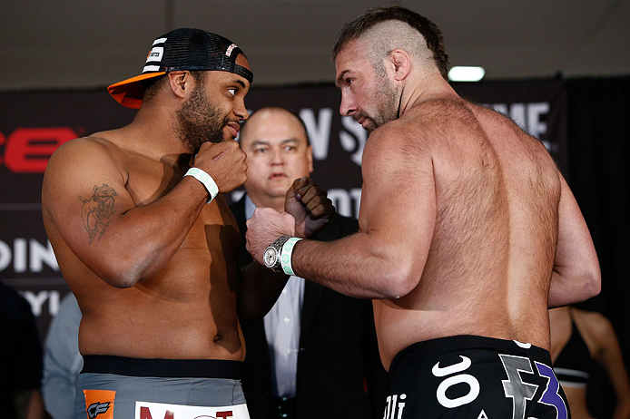 OKLAHOMA CITY, OK - JANUARY 11: (L-R) Opponents Daniel Cormier and Dion Staring face off during the Strikeforce weigh-in event on January 11, 2013 at Chesapeake Energy Arena in Oklahoma City, Oklahoma. (Photo by Esther Lin/Forza LLC/Forza LLC via Getty I