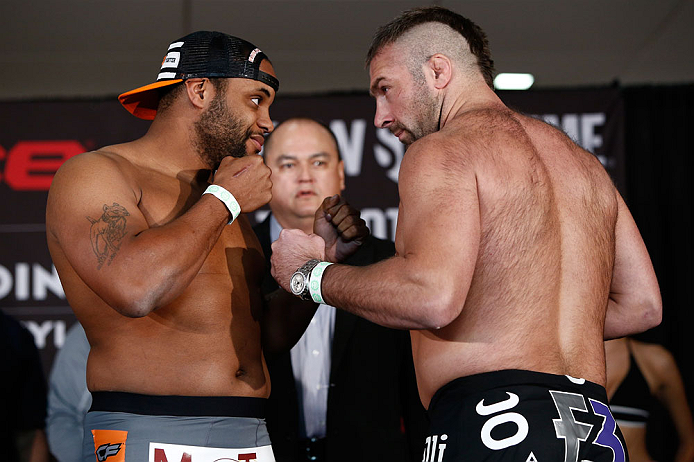 OKLAHOMA CITY, OK - JANUARY 11:  (L-R) Opponents Daniel Cormier and Dion Staring face off during the Strikeforce weigh-in event on January 11, 2013 at Chesapeake Energy Arena in Oklahoma City, Oklahoma. (Photo by Esther Lin/Forza LLC/Forza LLC via Getty I