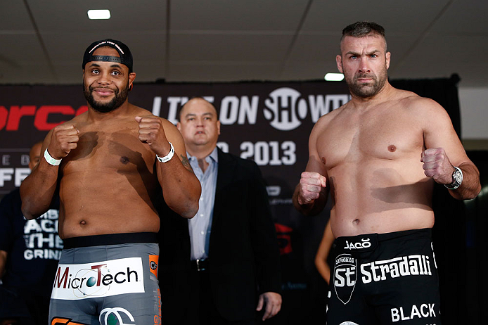 OKLAHOMA CITY, OK - JANUARY 11: (L-R) Opponents Daniel Cormier and Dion Staring pose for photos during the Strikeforce weigh-in event on January 11, 2013 at Chesapeake Energy Arena in Oklahoma City, Oklahoma. (Photo by Esther Lin/Forza LLC/Forza LLC via
