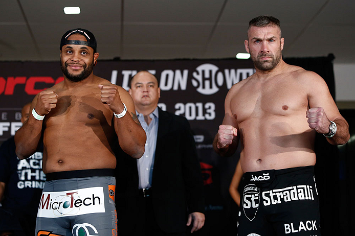 OKLAHOMA CITY, OK - JANUARY 11:  (L-R) Opponents Daniel Cormier and Dion Staring pose for photos during the Strikeforce weigh-in event on January 11, 2013 at Chesapeake Energy Arena in Oklahoma City, Oklahoma. (Photo by Esther Lin/Forza LLC/Forza LLC via 