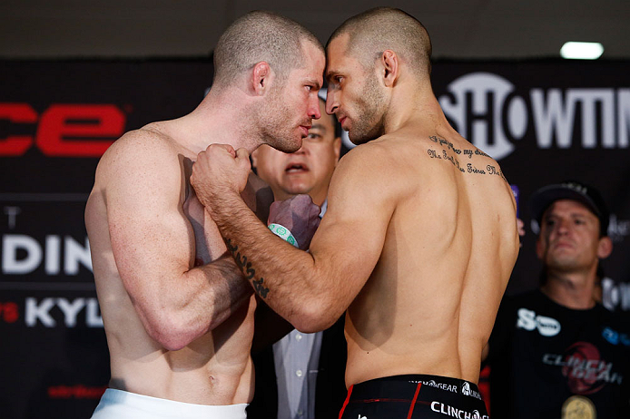 OKLAHOMA CITY, OK - JANUARY 11: (L-R) Opponents Nate Marquardt and Tarec Saffiedine face off during the Strikeforce weigh-in event on January 11, 2013 at Chesapeake Energy Arena in Oklahoma City, Oklahoma. (Photo by Esther Lin/Forza LLC/Forza LLC via Get