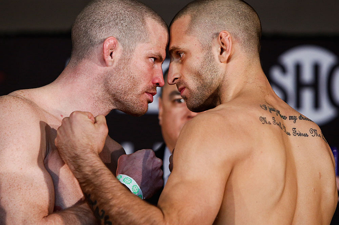 OKLAHOMA CITY, OK - JANUARY 11: (L-R) Opponents Nate Marquardt and Tarec Saffiedine face off during the Strikeforce weigh-in event on January 11, 2013 at Chesapeake Energy Arena in Oklahoma City, Oklahoma. (Photo by Esther Lin/Forza LLC/Forza LLC via Get