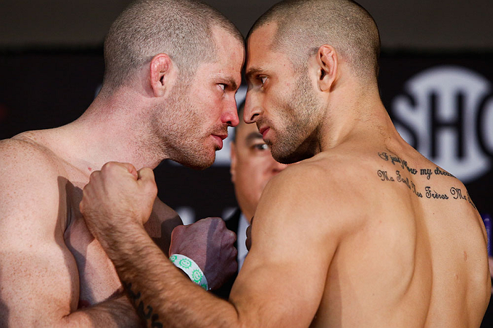 OKLAHOMA CITY, OK - JANUARY 11:  (L-R) Opponents Nate Marquardt and Tarec Saffiedine face off during the Strikeforce weigh-in event on January 11, 2013 at Chesapeake Energy Arena in Oklahoma City, Oklahoma. (Photo by Esther Lin/Forza LLC/Forza LLC via Get