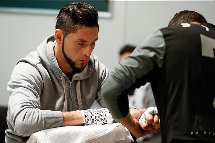 BUENOS AIRES, ARGENTINA - MAY 20:  Santiago Cardenas gets his hands wrapped before facing Pablo Sabori during the filming of The Ultimate Fighter Latin America: Team Liddell vs Team Griffin on May 20, 2016 in Buenos Aires, Argentina. (Photo by Gabriel Ros