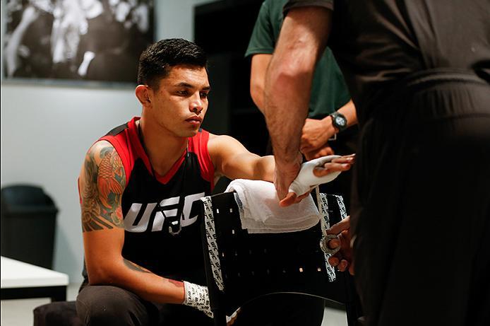 BUENOS AIRES, ARGENTINA - MAY 20:  Pablo Sabori gets his hands wrapped before facing Santiago Cardenas during the filming of The Ultimate Fighter Latin America: Team Liddell vs Team Griffin on May 20, 2016 in Buenos Aires, Argentina. (Photo by Gabriel Ros