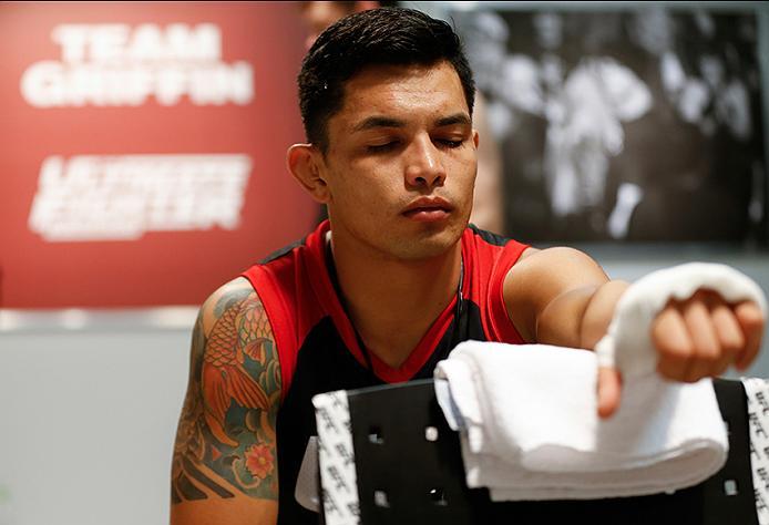 BUENOS AIRES, ARGENTINA - MAY 20:  Pablo Sabori gets his hands wrapped before facing Santiago Cardenas during the filming of The Ultimate Fighter Latin America: Team Liddell vs Team Griffin on May 20, 2016 in Buenos Aires, Argentina. (Photo by Gabriel Ros