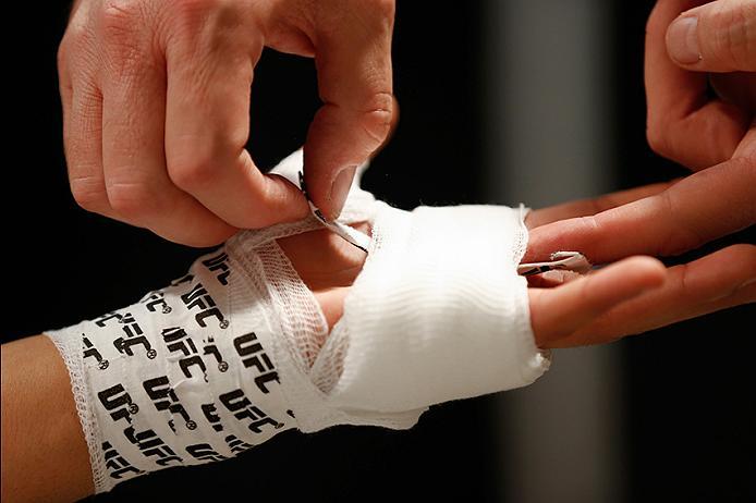 BUENOS AIRES, ARGENTINA - MAY 20:  Pablo Sabori gets his hands wrapped before facing Santiago Cardenas during the filming of The Ultimate Fighter Latin America: Team Liddell vs Team Griffin on May 20, 2016 in Buenos Aires, Argentina. (Photo by Gabriel Ros