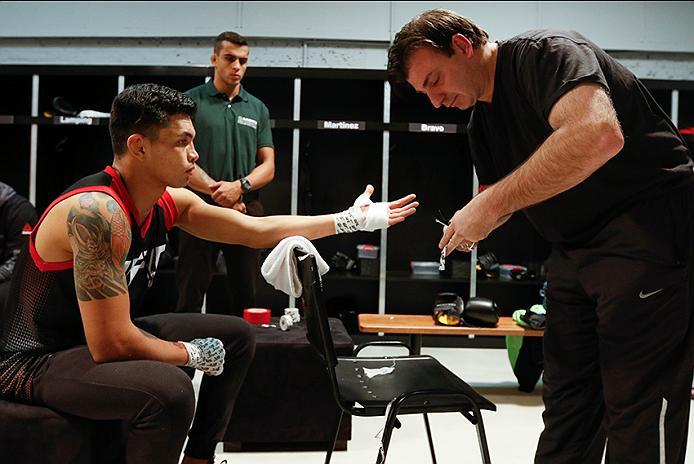 BUENOS AIRES, ARGENTINA - MAY 20: Pablo Sabori gets his hands wrapped before facing Santiago Cardenas during the filming of The Ultimate Fighter Latin America: Team Liddell vs Team Griffin on May 20, 2016 in Buenos Aires, Argentina. (Photo by Gabriel Ros