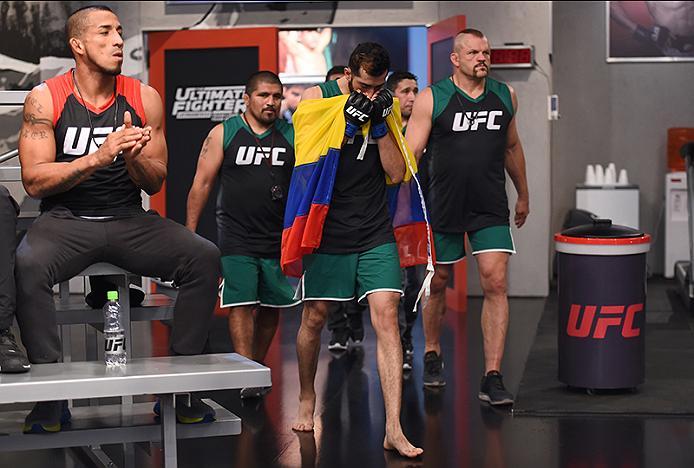 BUENOS AIRES, ARGENTINA - MAY 24: John Bedoya prepares to enter the Octagon before facing Walter Zamora during the filming of The Ultimate Fighter Latin America: Team Liddell vs Team Griffin on May 24, 2016 in Buenos Aires, Argentina. (Photo by Amilcar O