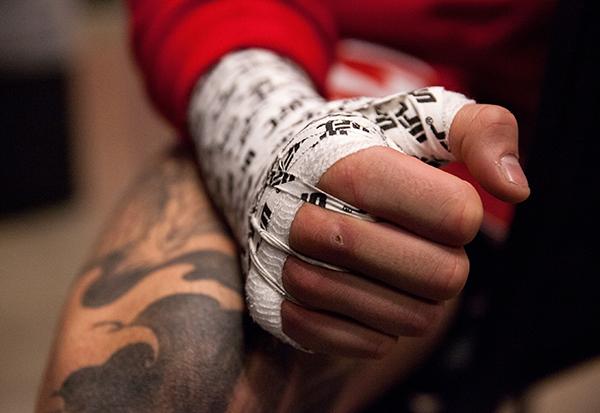 LAS VEGAS, NV - APRIL 3: Kevin Mendinilla gets his hands wrapped before facing Enrique Marin during the filming of The Ultimate Fighter Latin America: Team Gastelum vs Team Escudero on April 3, 2015 in Las Vegas, Nevada. (Photo by Brandon Magnus/Zuffa L