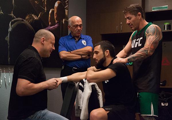 LAS VEGAS, NV - APRIL 3: Enrique Marin gets his hands wrapped before facing Kevin Mendinilla during the filming of The Ultimate Fighter Latin America: Team Gastelum vs Team Escudero on April 3, 2015 in Las Vegas, Nevada. (Photo by Brandon Magnus/Zuffa L