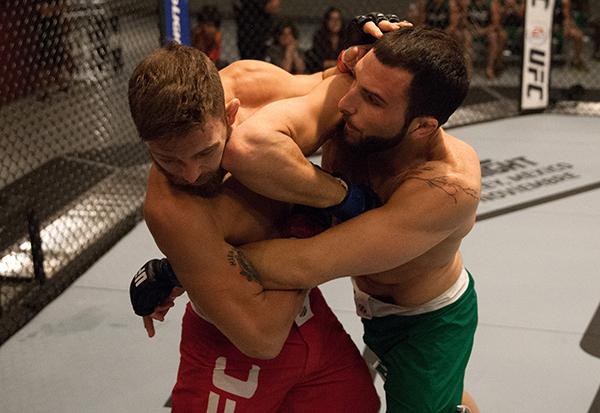 LAS VEGAS, NV - APRIL 3: (R-L) Enrique Marin elbows Kevin Mendinilla during the filming of The Ultimate Fighter Latin America: Team Gastelum vs Team Escudero on April 3, 2015 in Las Vegas, Nevada. (Photo by Brandon Magnus/Zuffa LLC/Zuffa LLC via Getty I