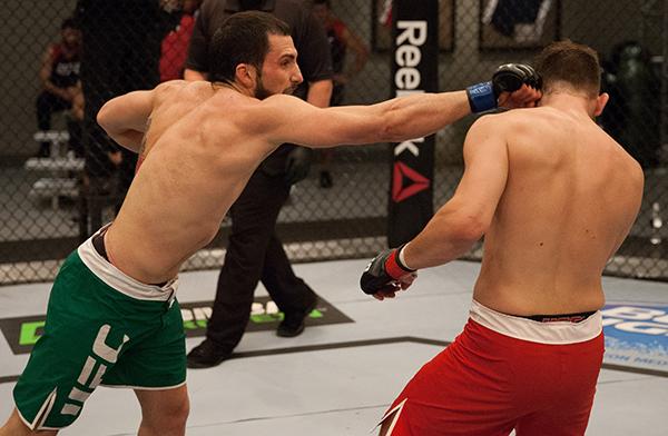 LAS VEGAS, NV - APRIL 3: (L-R) Enrique Marin punches Kevin Mendinilla during the filming of The Ultimate Fighter Latin America: Team Gastelum vs Team Escudero on April 3, 2015 in Las Vegas, Nevada. (Photo by Brandon Magnus/Zuffa LLC/Zuffa LLC via Getty