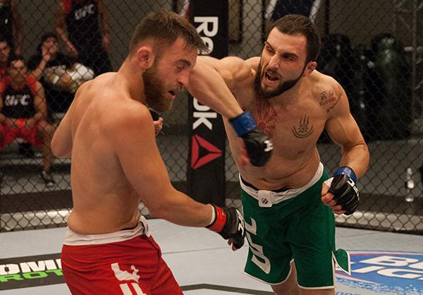 LAS VEGAS, NV - APRIL 3: (R-L) Enrique Marin elbows Kevin Mendinilla during the filming of The Ultimate Fighter Latin America: Team Gastelum vs Team Escudero on April 3, 2015 in Las Vegas, Nevada. (Photo by Brandon Magnus/Zuffa LLC/Zuffa LLC via Getty I