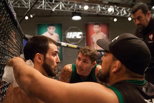 LAS VEGAS, NV - APRIL 3: Enrique Marin receives advice from his corner in between rounds while facingKevin Mendinilla during the filming of The Ultimate Fighter Latin America: Team Gastelum vs Team Escudero on April 3, 2015 in Las Vegas, Nevada. (Photo