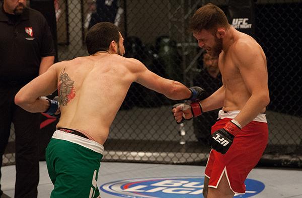 LAS VEGAS, NV - APRIL 3: (L-R) Enrique Marin punches Kevin Mendinilla during the filming of The Ultimate Fighter Latin America: Team Gastelum vs Team Escudero on April 3, 2015 in Las Vegas, Nevada. (Photo by Brandon Magnus/Zuffa LLC/Zuffa LLC via Getty