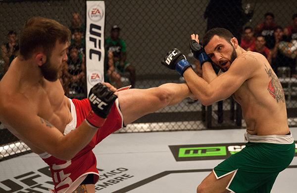 LAS VEGAS, NV - APRIL 3: (L-R) Kevin Mendinilla kicks Enrique Marin during the filming of The Ultimate Fighter Latin America: Team Gastelum vs Team Escudero on April 3, 2015 in Las Vegas, Nevada. (Photo by Brandon Magnus/Zuffa LLC/Zuffa LLC via Getty Im