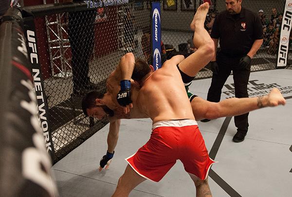 LAS VEGAS, NV - APRIL 3: (R-L) Kevin Mendinilla takes down Enrique Marin during the filming of The Ultimate Fighter Latin America: Team Gastelum vs Team Escudero on April 3, 2015 in Las Vegas, Nevada. (Photo by Brandon Magnus/Zuffa LLC/Zuffa LLC via Get