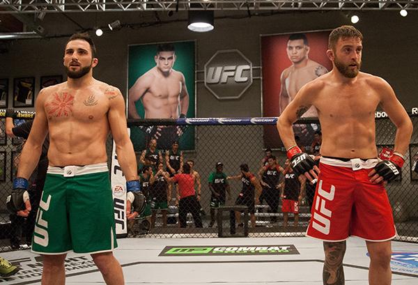 LAS VEGAS, NV - APRIL 3: (L-R) Enrique Marin and Kevin Mendinilla wait for the judges decision during the filming of The Ultimate Fighter Latin America: Team Gastelum vs Team Escudero on April 3, 2015 in Las Vegas, Nevada. (Photo by Brandon Magnus/Zuffa