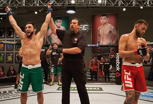 LAS VEGAS, NV - APRIL 3: (L-R) Enrique Marin celebrates his victory over Kevin Mendinilla during the filming of The Ultimate Fighter Latin America: Team Gastelum vs Team Escudero on April 3, 2015 in Las Vegas, Nevada. (Photo by Brandon Magnus/Zuffa LLC/