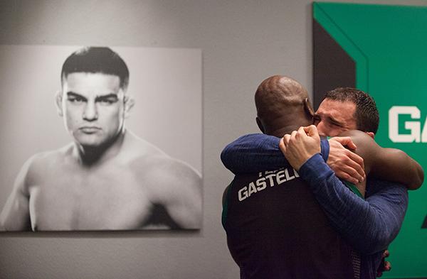 LAS VEGAS, NV - APRIL 3: Enrique Marin hugs his teammate after his victory over Kevin Mendinilla during the filming of The Ultimate Fighter Latin America: Team Gastelum vs Team Escudero on April 3, 2015 in Las Vegas, Nevada. (Photo by Brandon Magnus/Zuf