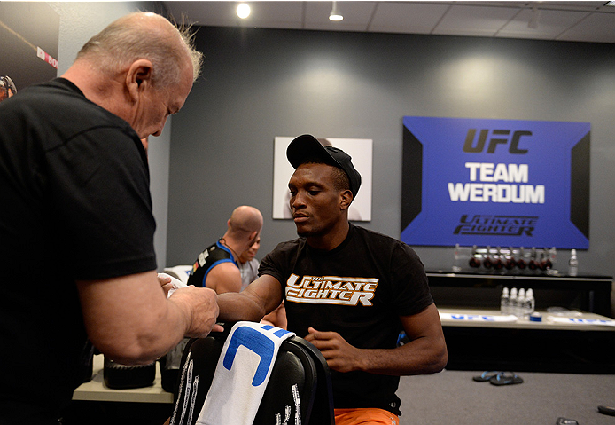 LAS VEGAS, NV - MAY 30: Team Werdum fighter Humberto Brown gets his hands wrapped before facing team Velasquez fighter Yair Rodriguez in their preliminary fight during filming of The Ultimate Fighter Latin America on May 30, 2014 in Las Vegas, Nevada. (P