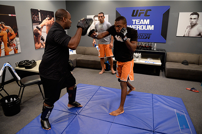 LAS VEGAS, NV - MAY 30: Team Werdum fighter Humberto Brown warms up before facing team Velasquez fighter Yair Rodriguez in their preliminary fight during filming of The Ultimate Fighter Latin America on May 30, 2014 in Las Vegas, Nevada. (Photo by Jeff B