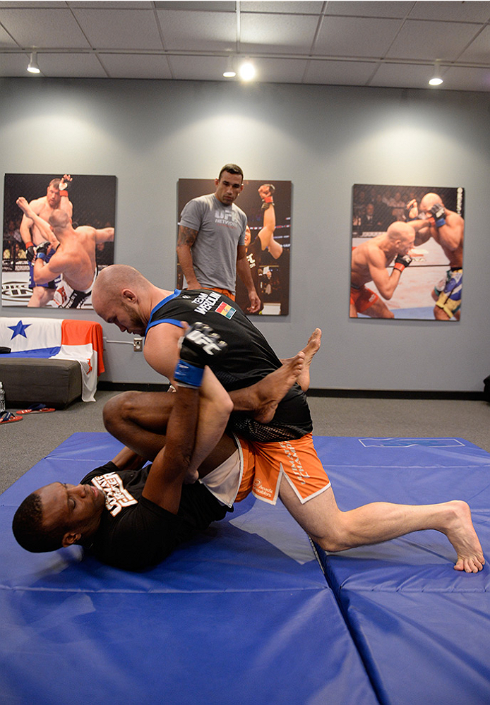 LAS VEGAS, NV - MAY 30: Team Werdum fighter Humberto Brown warms up before facing team Velasquez fighter Yair Rodriguez in their preliminary fight during filming of The Ultimate Fighter Latin America on May 30, 2014 in Las Vegas, Nevada. (Photo by Jeff B