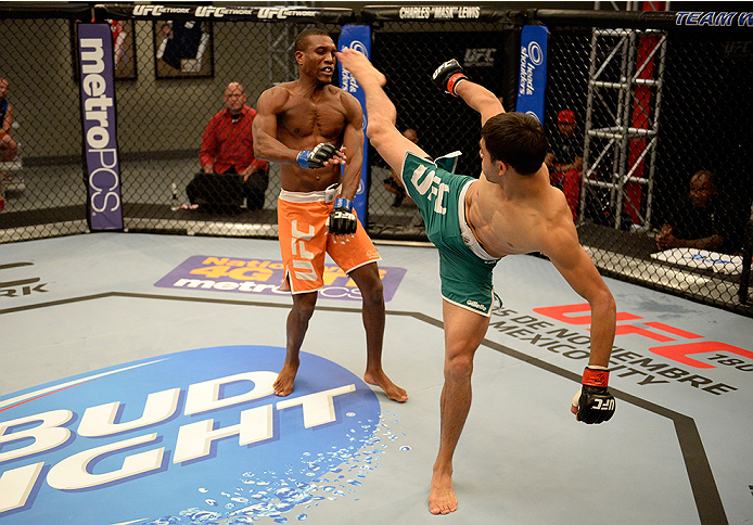 LAS VEGAS, NV - MAY 30: (R-L) Team Velasquez fighter Yair Rodriguez kicks team Werdum fighter Humberto Brown in their preliminary fight during filming of The Ultimate Fighter Latin America on May 30, 2014 in Las Vegas, Nevada. (Photo by Jeff Bottari/Zuff