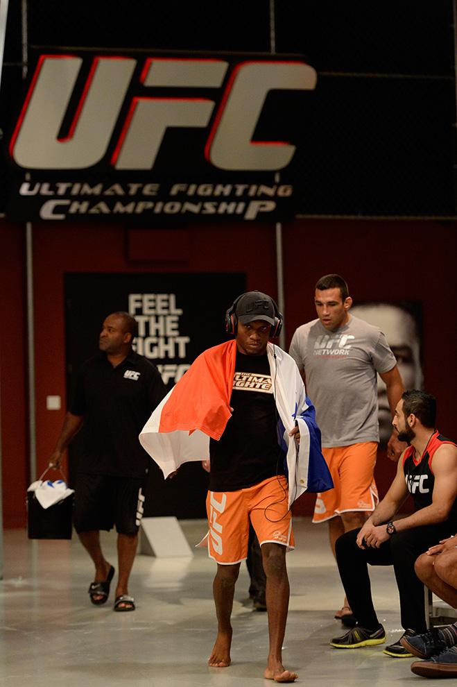 LAS VEGAS, NV - MAY 30: Team Werdum fighter Humberto Brown prepares to enter the Octagon before facing team Velasquez fighter Yair Rodriguez in their preliminary fight during filming of The Ultimate Fighter Latin America on May 30, 2014 in Las Vegas, Nev